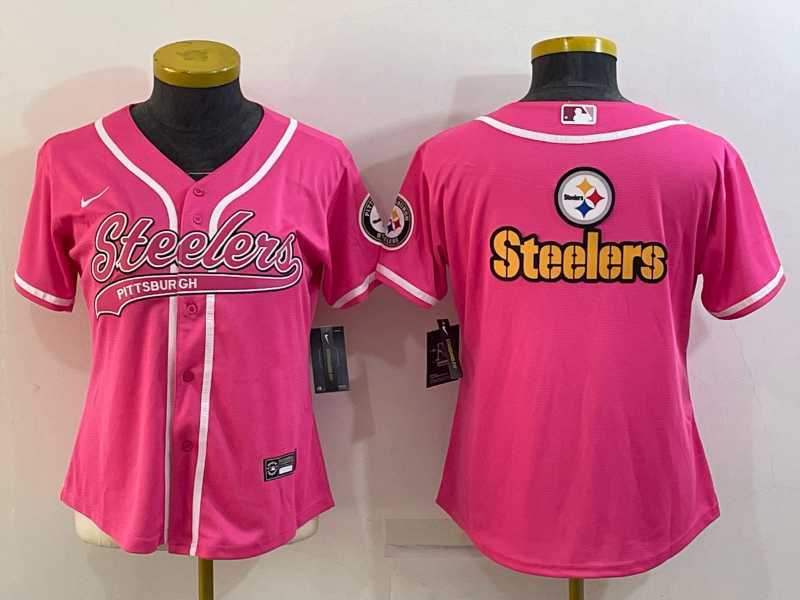 Women%27s Pittsburgh Steelers Pink Team Big Logo With Patch Cool Base Stitched Baseball Jersey